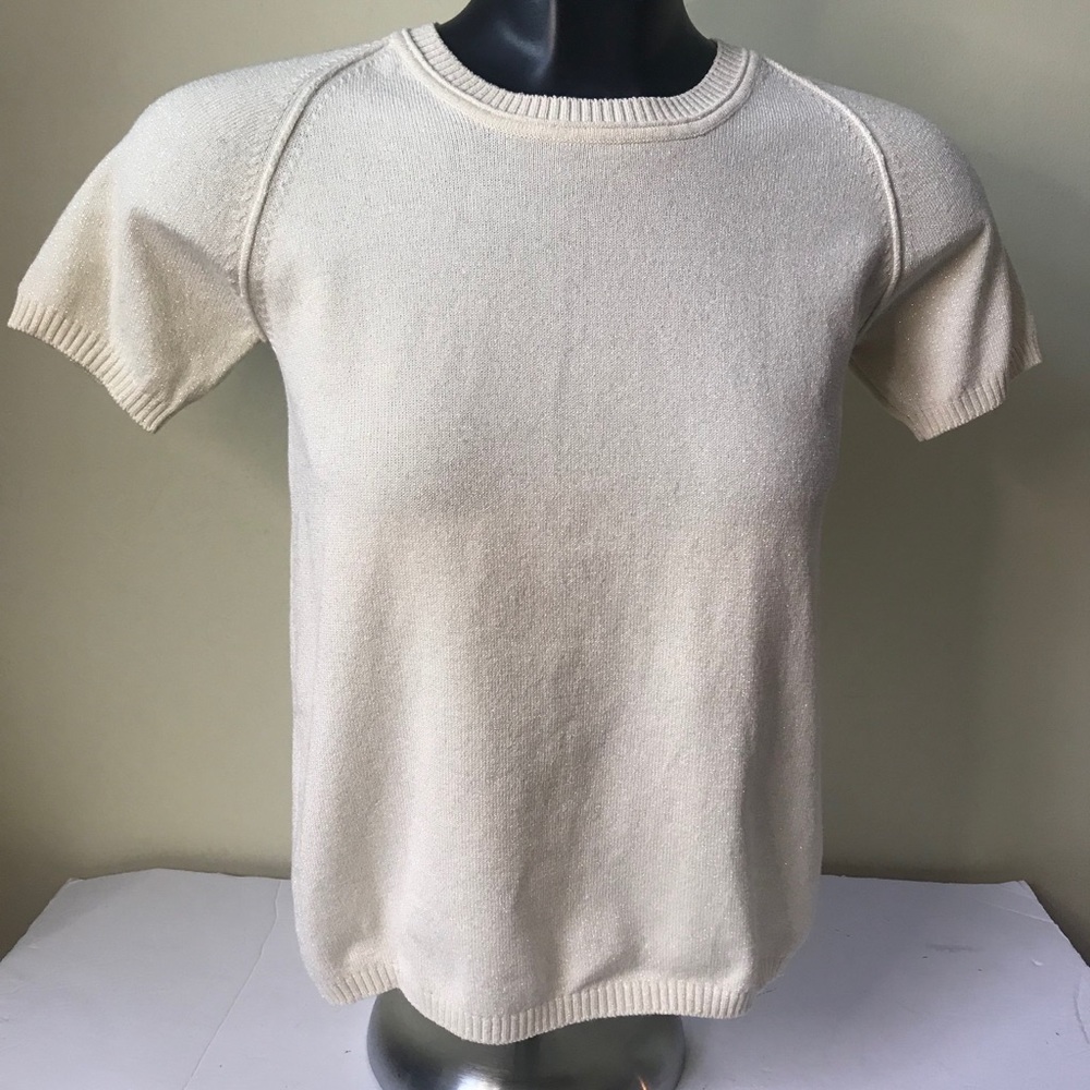 Debbie Shuchat NEW Metallic Knit Ivory Gold Sweater Top Minimalist Neutral Shirt